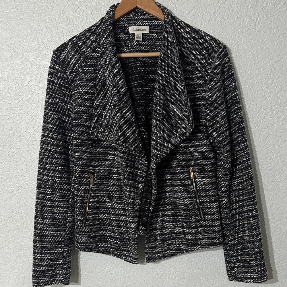Calvin Klein Women Textured Zippers Black/Grey Tweed Flyaway Jacket Size M‎ $120